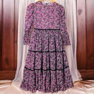 Zara Floral Cottagecore Printed Tiered Velvet Smocked Chiffon Purple Midi Dress